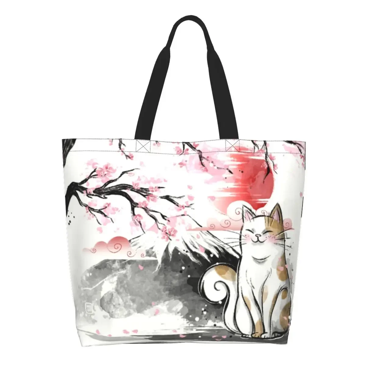 

Funny Printing Japanese Sakura Cute Cat Shopping Tote Bags Washable Canvas Shopper Shoulder Floral Flower Handbag