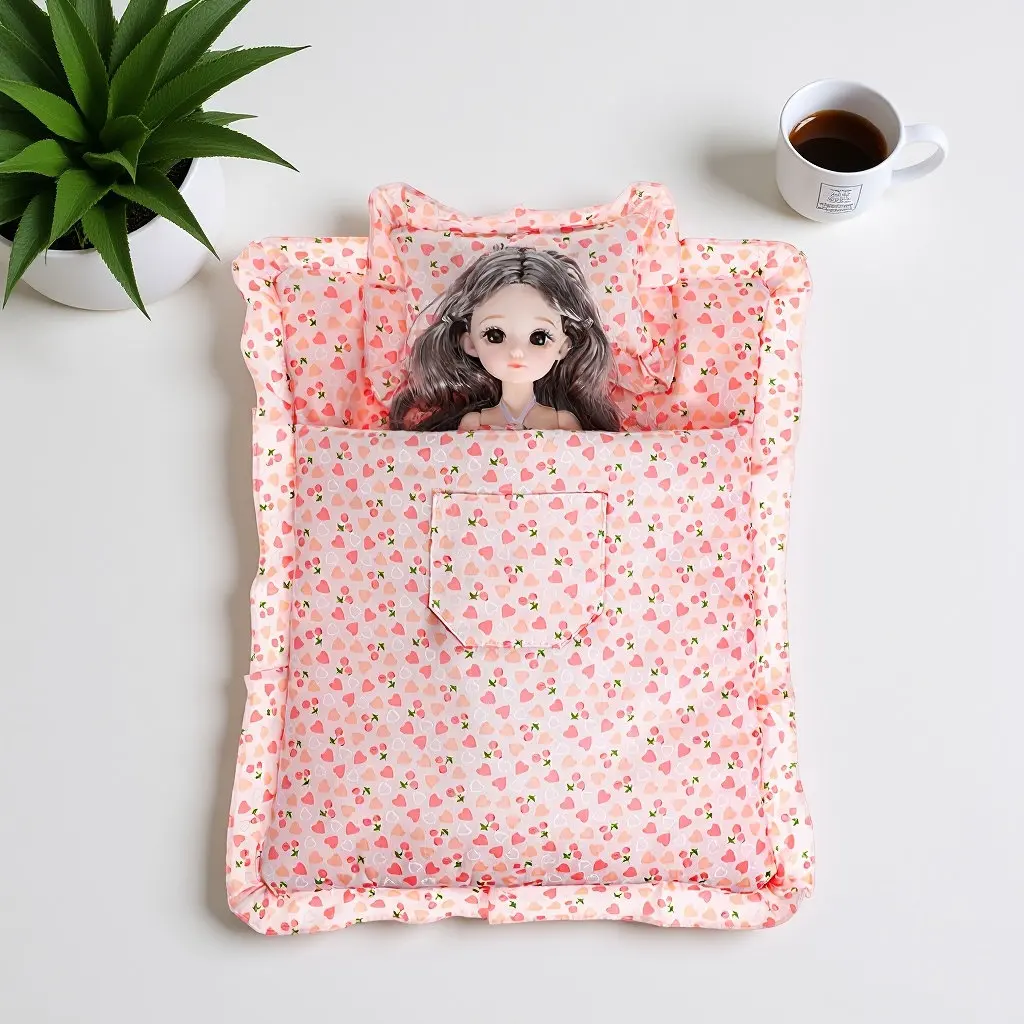 1Set Mini Heart Strawberry Sleeping Bag Dollhouse Bedding Pink Bedroom Accessory Blanket Mattress Sheet Set Dollhouse Blanket