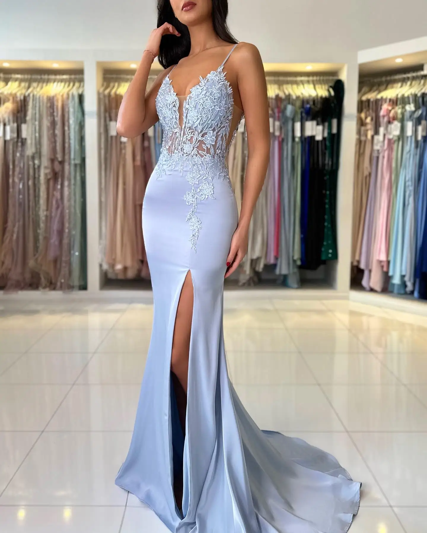 Spaghetti Strap Tulle Lace Appliques Prom Dresses With Slit Backless Evening Party Long Ball Gowns Sexy Mermaid Dress