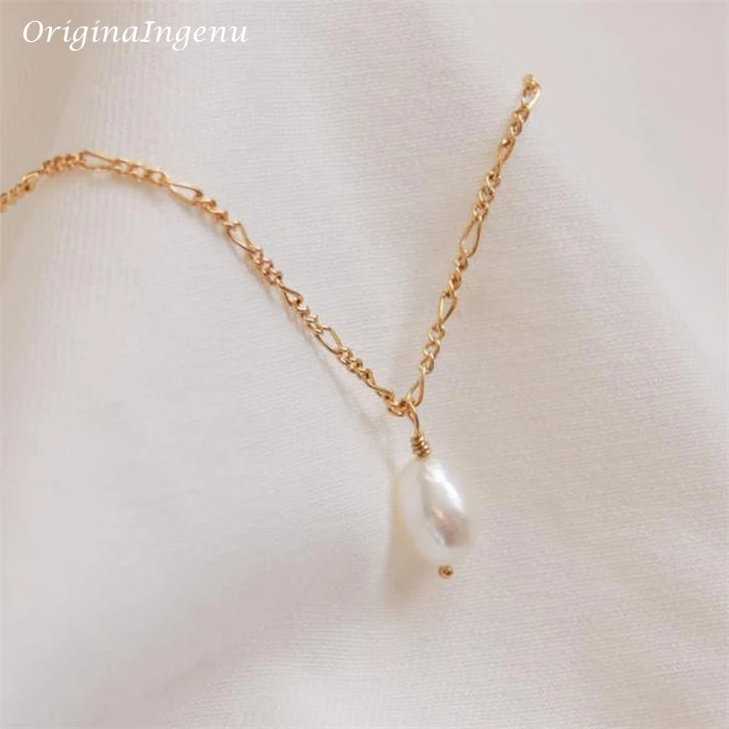 14K Gold Filled Figaro Chain Necklace Natural Baroque Pearl Choker Handmade Pendants Collier Femme Kolye Boho Necklace for Women