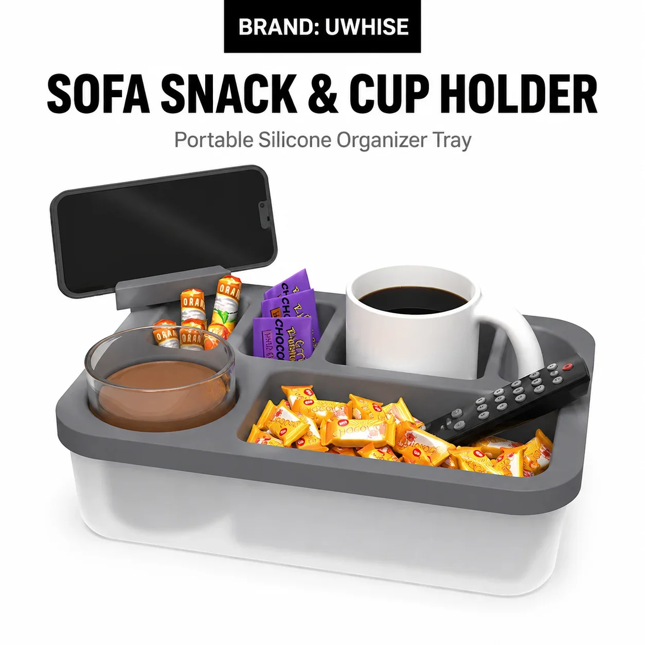 Uwhise Silicone Couch Cup Holder Tray Sofa Organizer Storage Box For Snacks Drinks With 360 Rotating Phone Stand