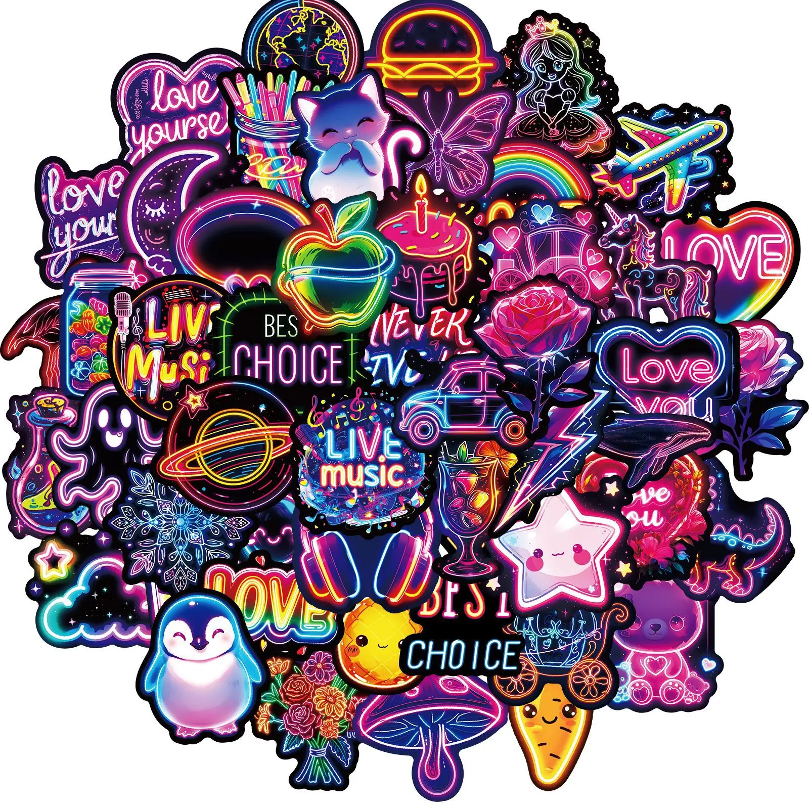 10/30/50PCS Kawaii Neon Lamp Sticky PVC Sticker Phone Aesthetic DIY Decoration Scrapbooking Hand Accounting Supplies for Kids
