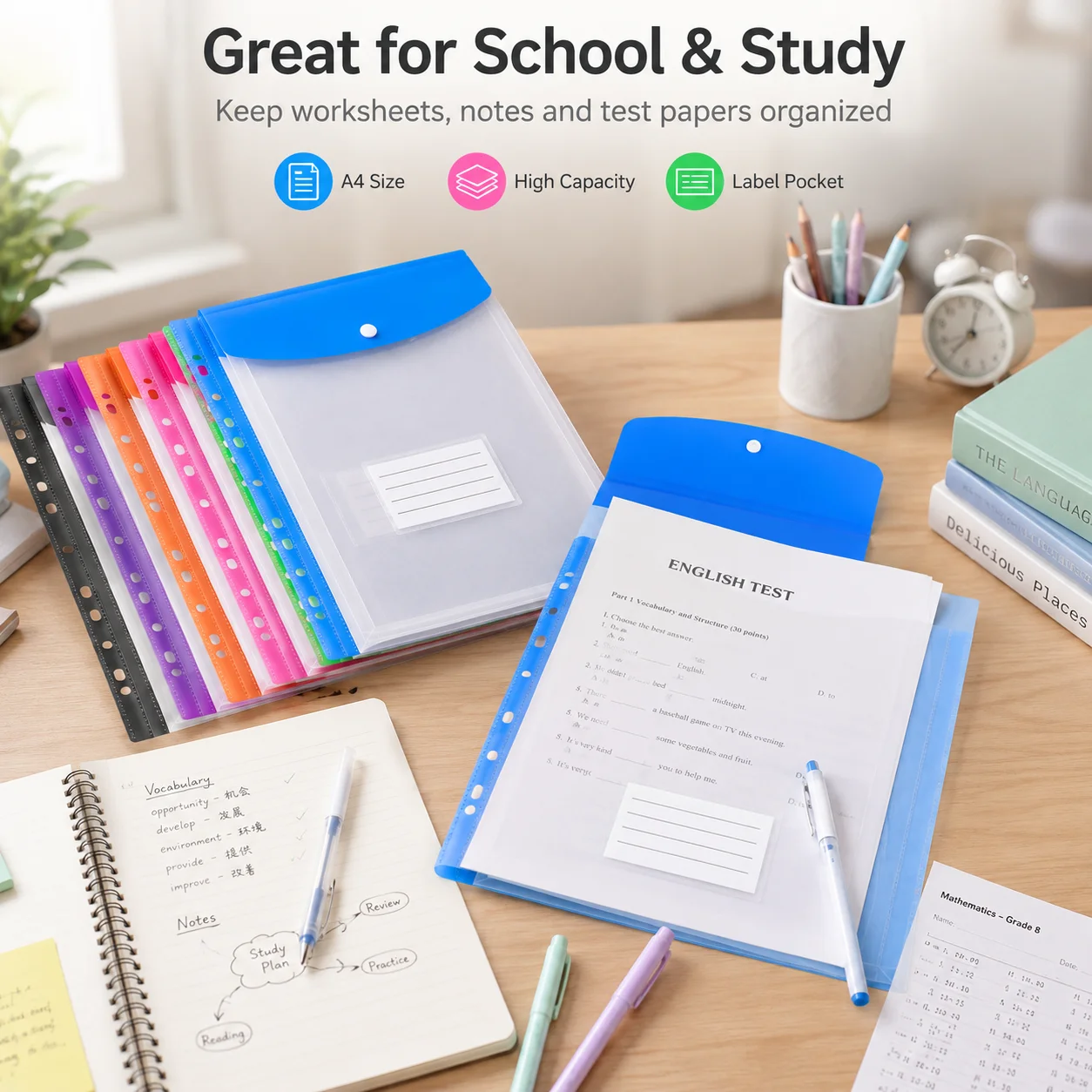 6 Colors A4 Sheet Protectors, 11 Hole Punched Plastic Page Protectors for Binders, Clear Paper Sleeves for Document Filing view 3