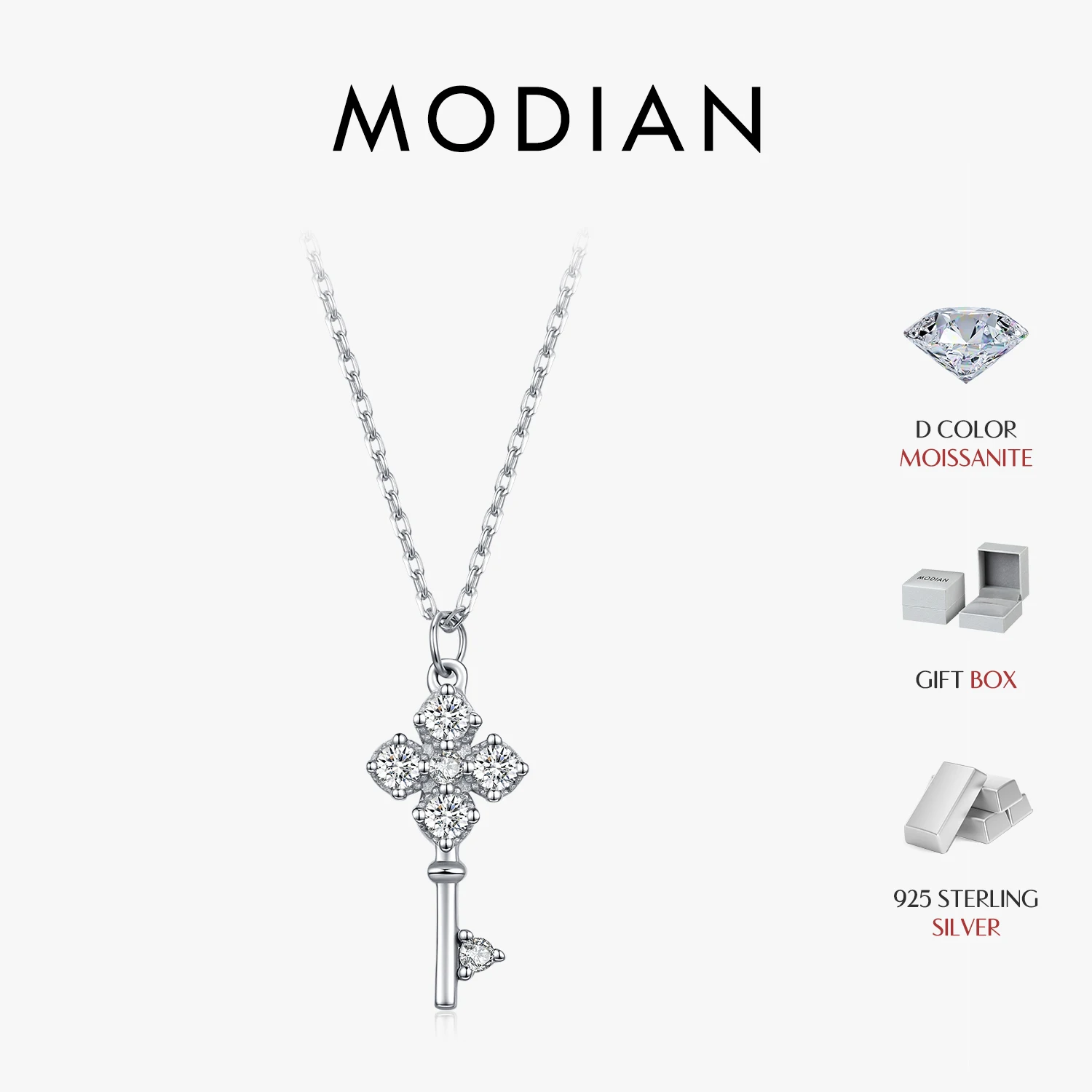 MODIAN D-Farb-Moissanit-Halskette mit vierblättrigem Kleeblatt-Schlüsselanhänger, 925er Sterlingsilber, Labordiamantkette, edler Schmuck für Damen