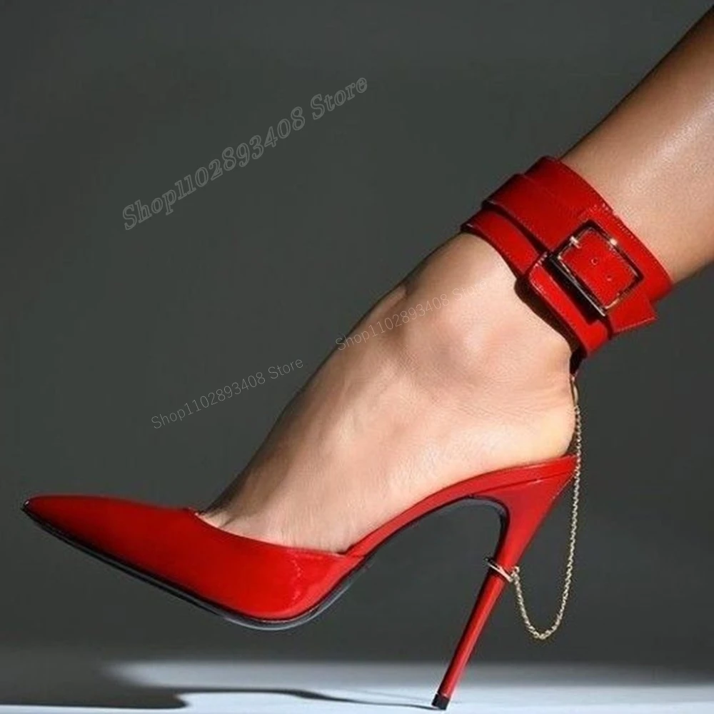 

Red Patent Leather Metal Chain Decor Pumps Buckle Strap Pointed Toe Stiletto High Heel Women Shoes 2024 Sexy Zapatos Para Mujere