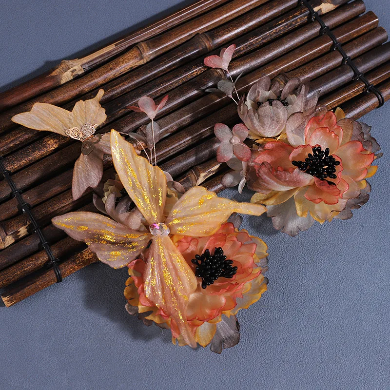 Bracelet Hand String Original New Chinese Gradient Orange Peony Tulle Butterfly Ironing Hairpin Studio Hanfu Guofeng Headwear