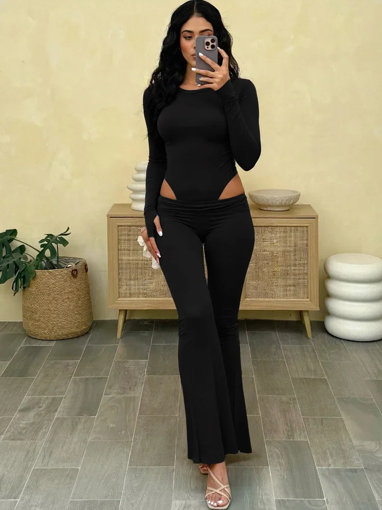 

Solid Simple Women 2 Piece Set 2025 Classic Basic Outfits Full Sleeve O-neck Bodysuits+Matching Slim Trousers Streetwear