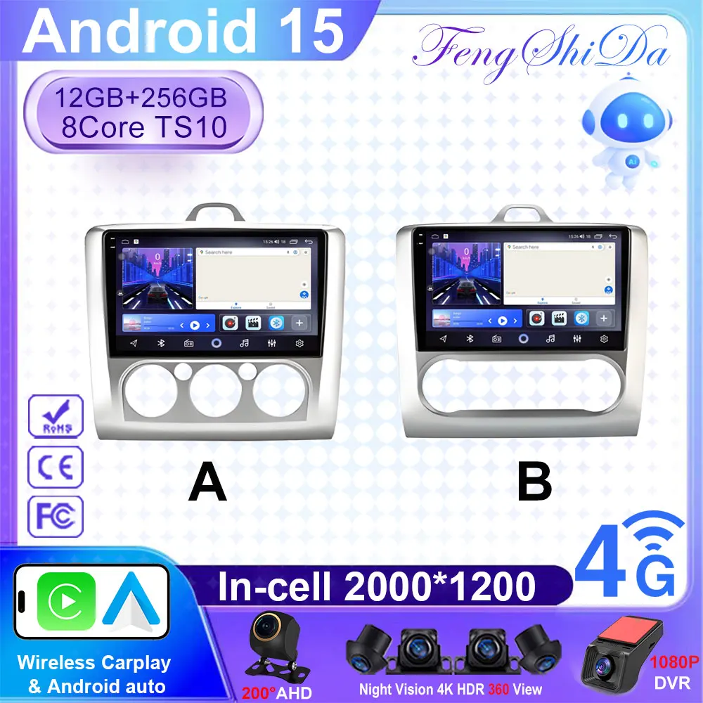 Radio para Auto con Android 15 para Ford Focus 2 3 Mk2/Mk3 2004-2011, Reproductor Multimedia de Video, GPS, 4G, Carplay, Estéreo para Auto, RDS, Unidad Principal 2 Din