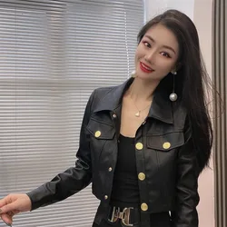 Elegant Women Metal Buckle Irregular Leather Jackets Crop Tops Korean Female Black Short PU Coats Ladies Office Green Outerwear