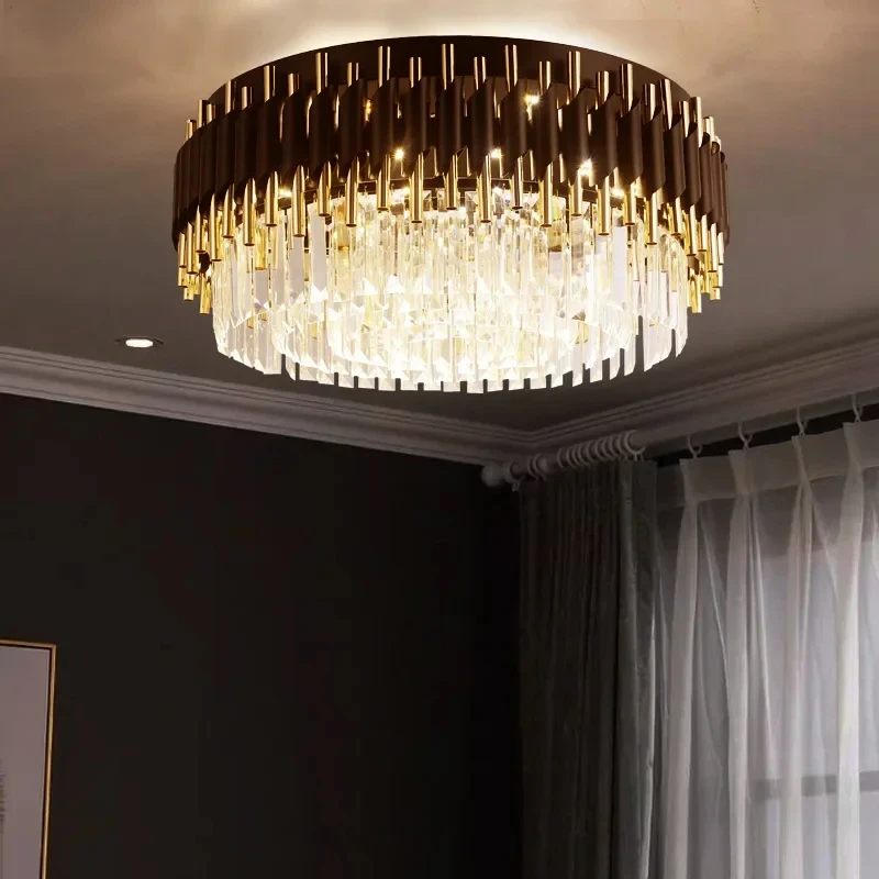Modern LED Gold Black Crystal Ceiling Chandeliers For Living Study Room Round Kitchen Pendant Lamps