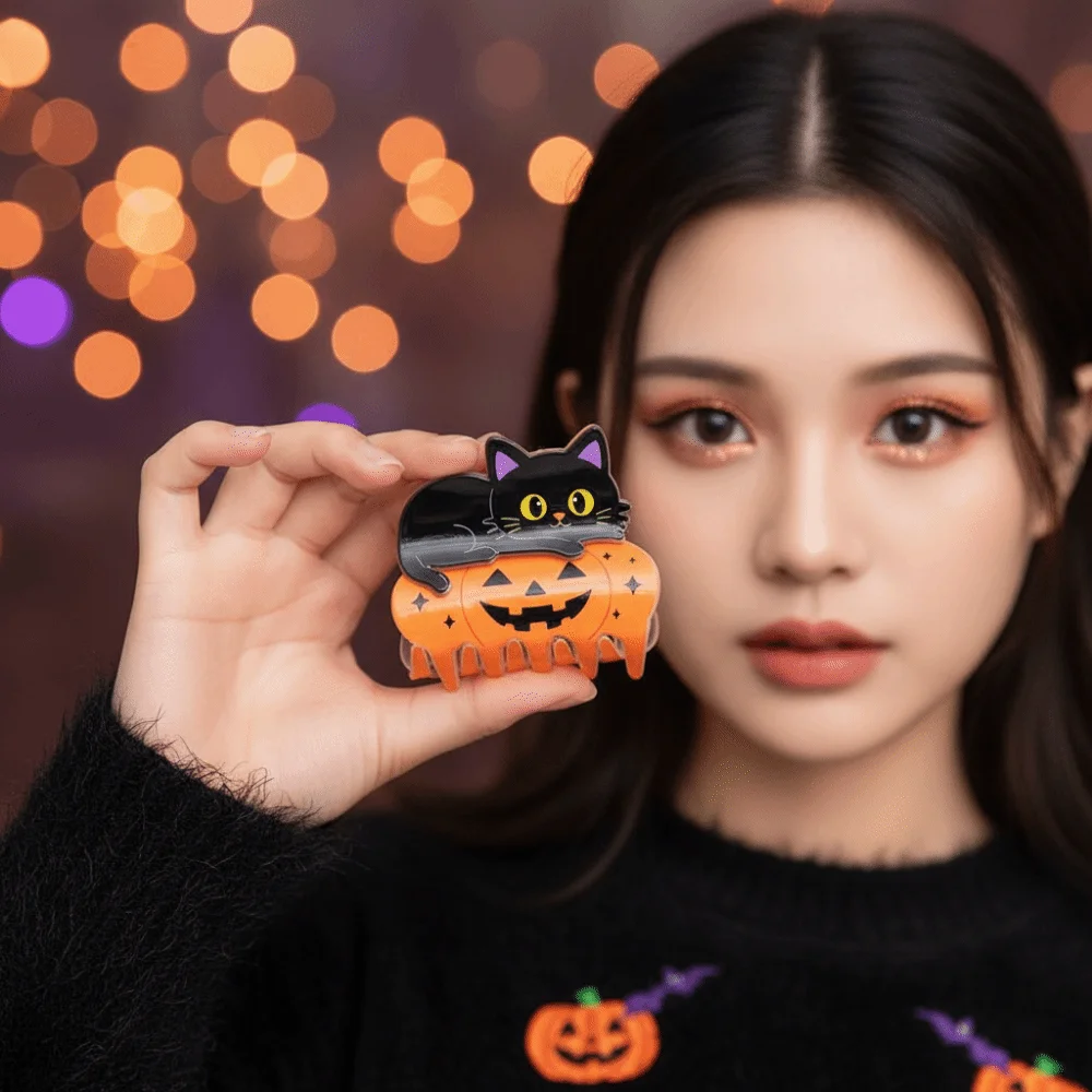 Cute Animal Halloween Hair Claw Non Slip Lightweight Pumpkin Shark Clip Bright Color Durable Spring Black Cat Hair Claw