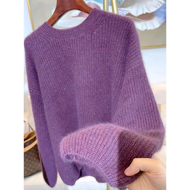 Fashionable High-End Bear Velvet Purple Heavy-Light Thread Knitted round Neck Sweater Design Sensation Women's Winter Warmth ...