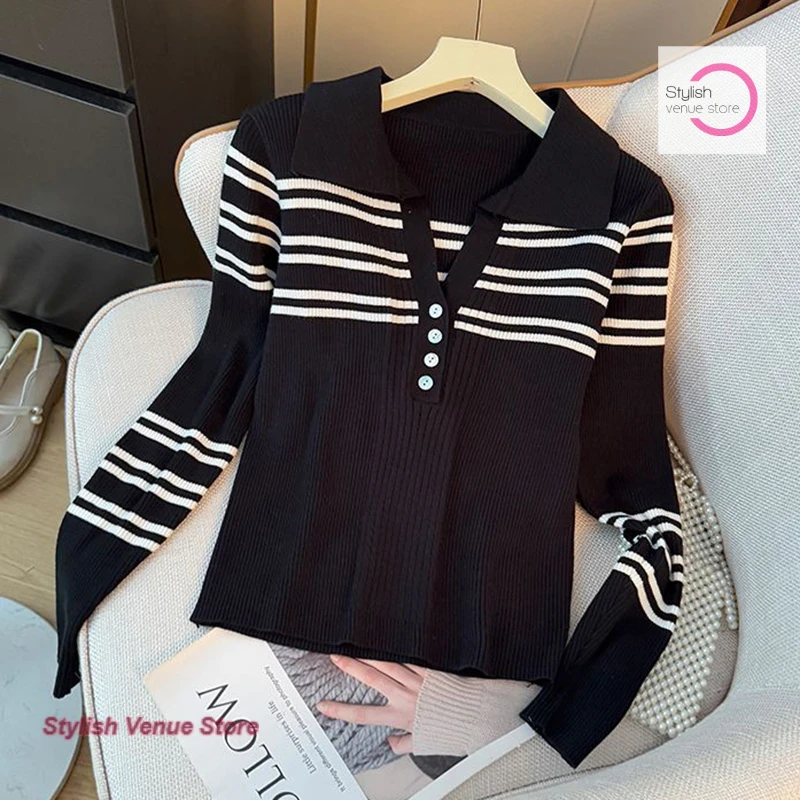 Korean chic Slim Striped Lapel Long Sleeve Knitwear Women's Spring and Autumn New Fashion Temperament Contrast Base Shirt Top