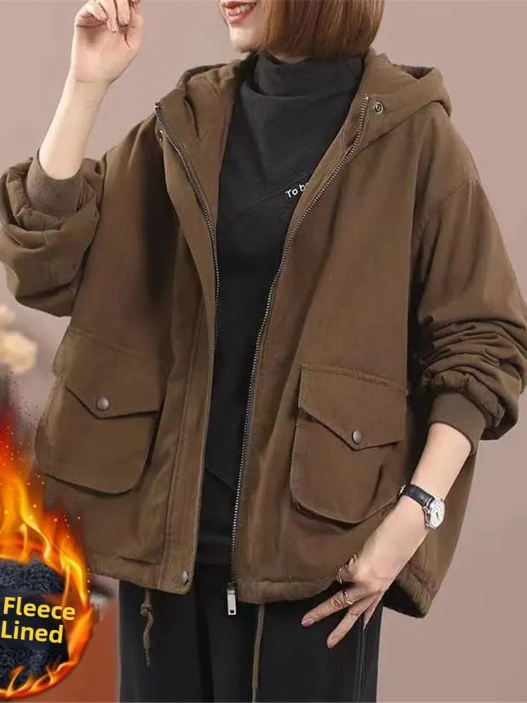 

Женская зимняя парка на флисовой подкладке, утепленная, повседневная, с капюшоном, однотонная, хлопковая куртка больших размеров, свободного кроя, стройнящая фигуру