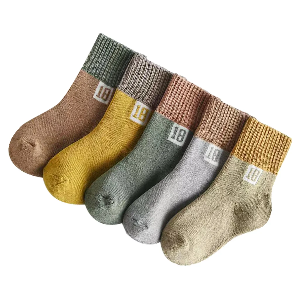 

5Pairs Baby Cotton Socks Kids Mid-Calf Length Comfortable Breathable Anti-Slip Warm Socks Random Color 1-2 Years