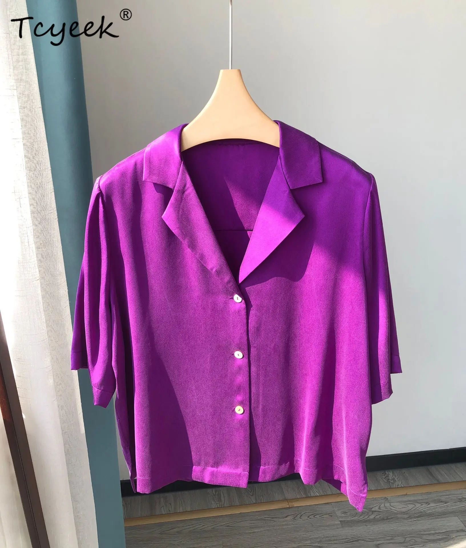 

Tcyeek 20MM 100% Silk Plain Crepe Satin Shirt,Women Suit Collar Solid Short Sleeve,Simple Versatile Blouse,Spring T41651QD