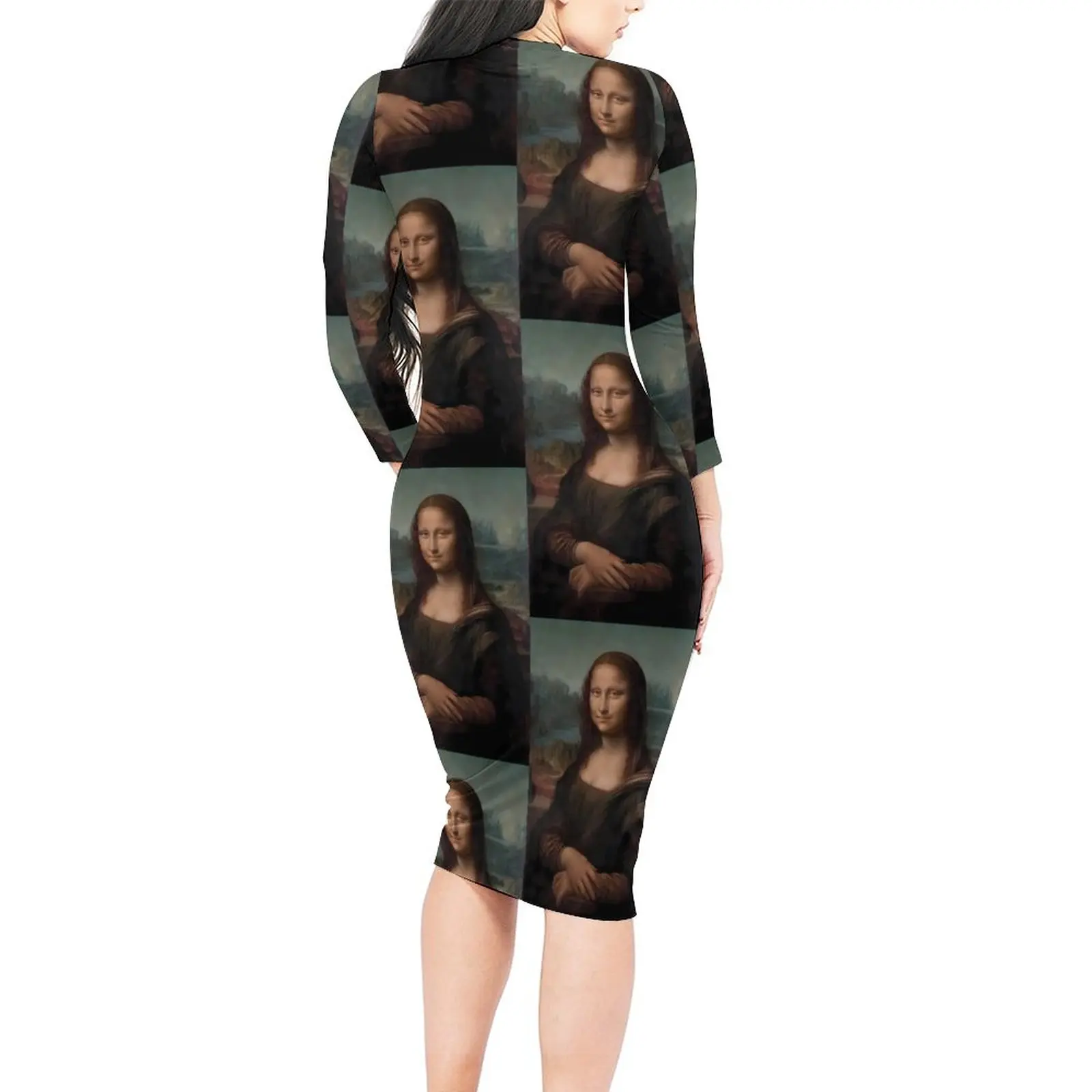 The Mona Lisa Dress Long Sleeve Famous Painting Sexy Dresses Spring Female Aesthetic Design Bodycon Dress Large Size