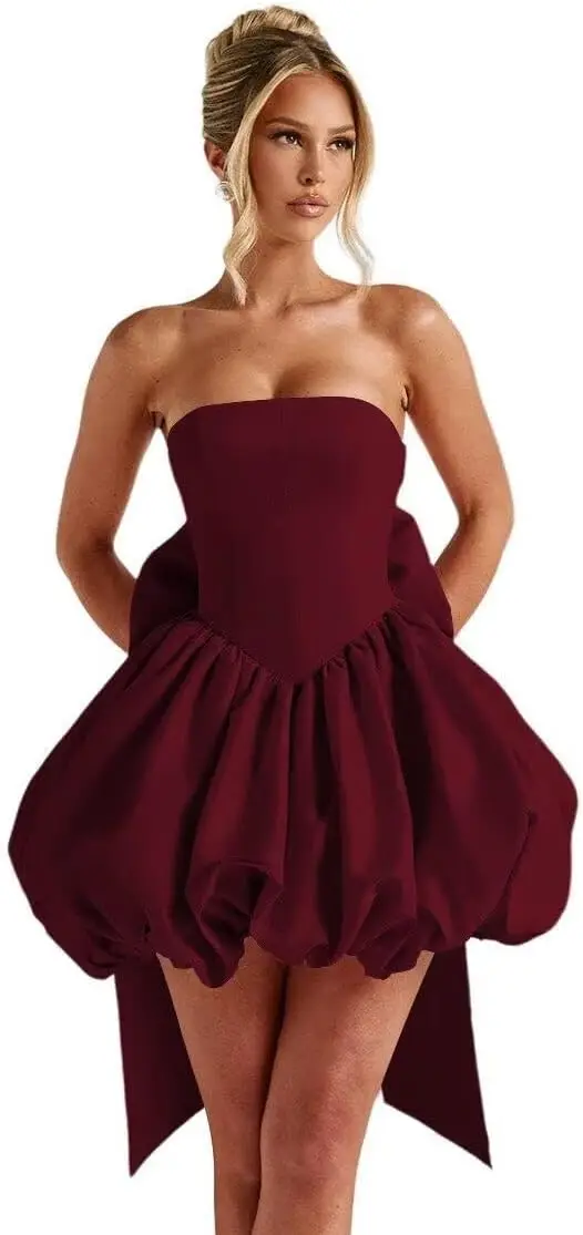 

2025New Youth Strapless Fluffy Satin Back To School Dress,Back Bow Mini Skirt, Short Party Cocktail Birthday Formal Evening Gown