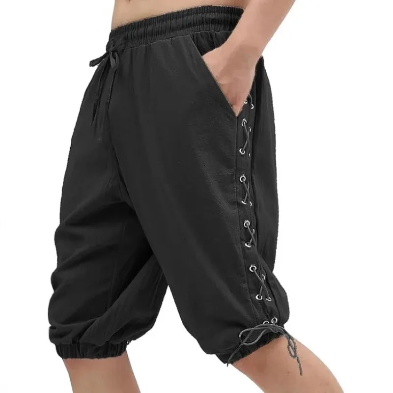 

Short Pant Men Knee Length Pants Slim Fit Elastic Waist Lace Up Strap Sport Trousers Y2k Streetwear Stage Casual Summer 2026