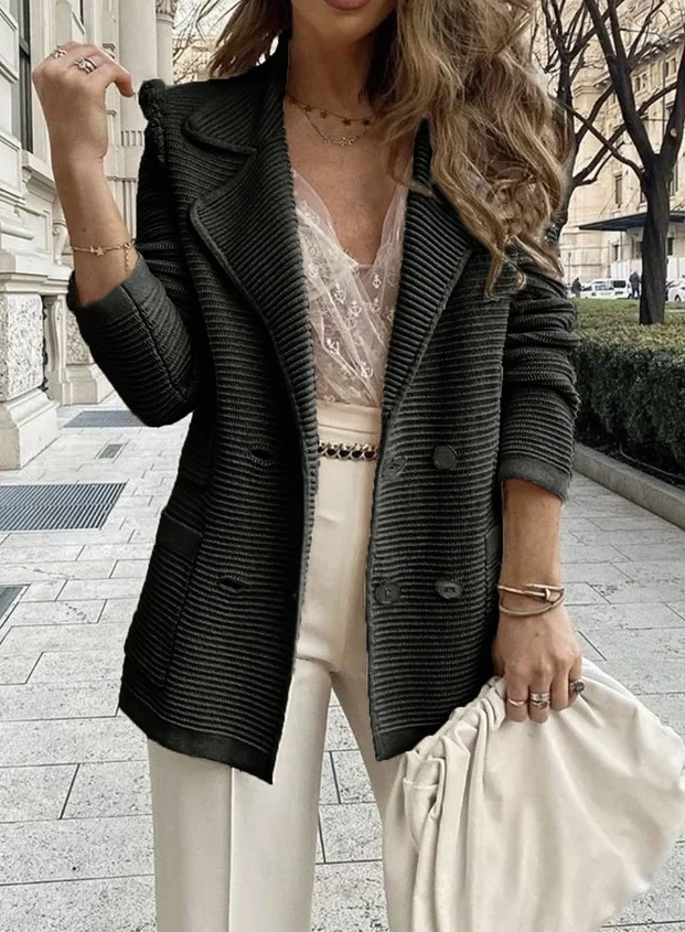 Single Piece Suit 2023 Autumn and Winter New Fashion Casual Elegant Monochrome Striped Cardigan Jacket Women's Clothing