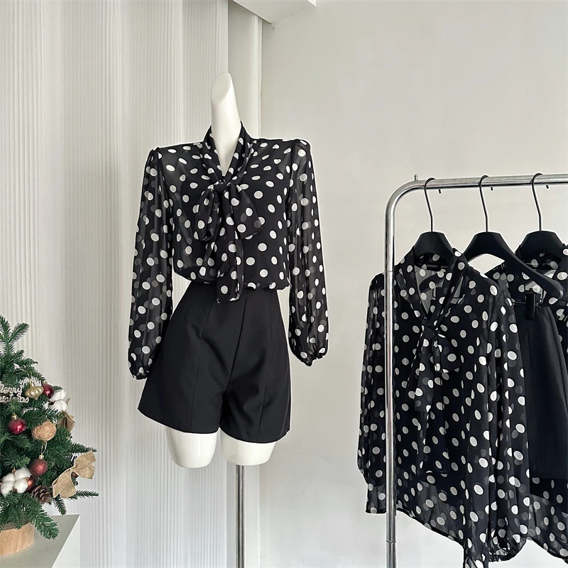 Women's New Matching Sets A-Line Short Pants and Long Sleeve Dot Shirt Vintage Vintage Y2k Elegant 2000s Two Piece Suit Clothes