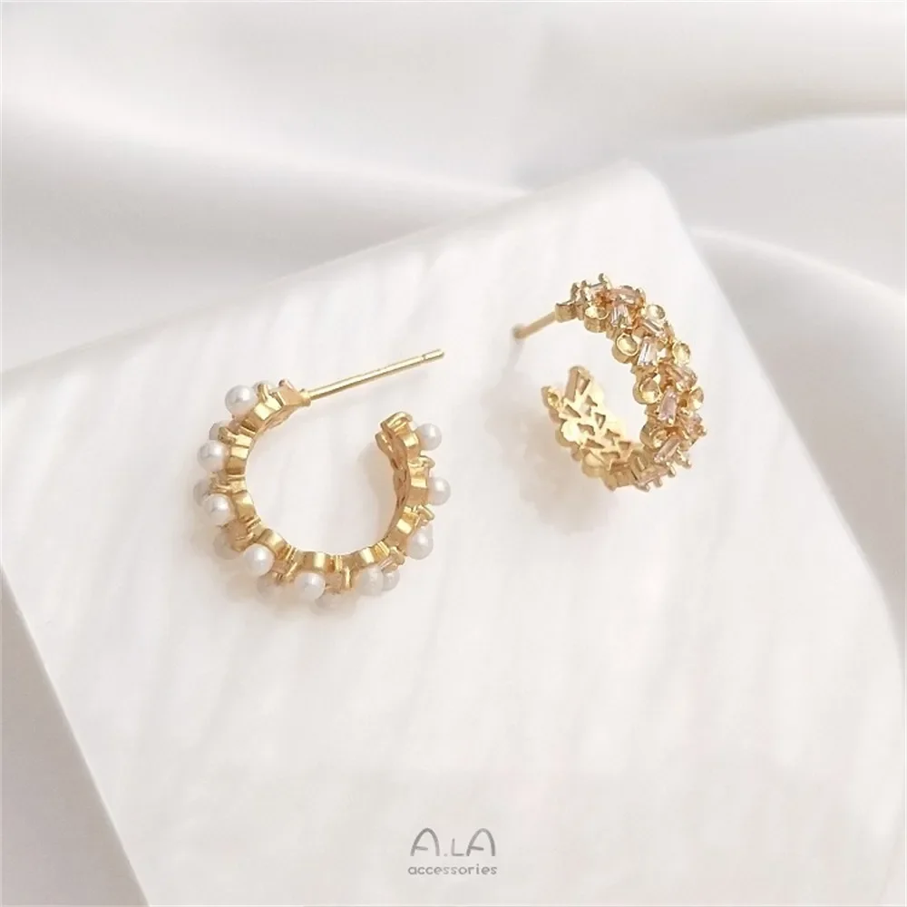 14K Gold-coated Zircon C-shaped Adhesive Pearl Hollow Support Earrings S925 Silver Needle Earrings Handmade Diy Earrings E157