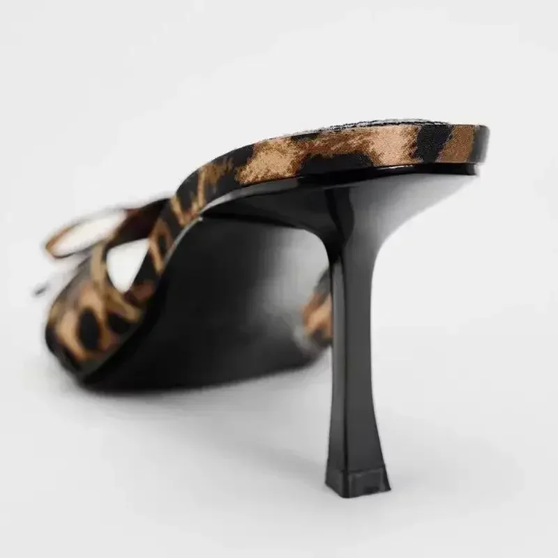 ZA New European and American High Quality Women Shoes Bow Knot Leopard Print High Heel Slippers Women High Heel Sandals