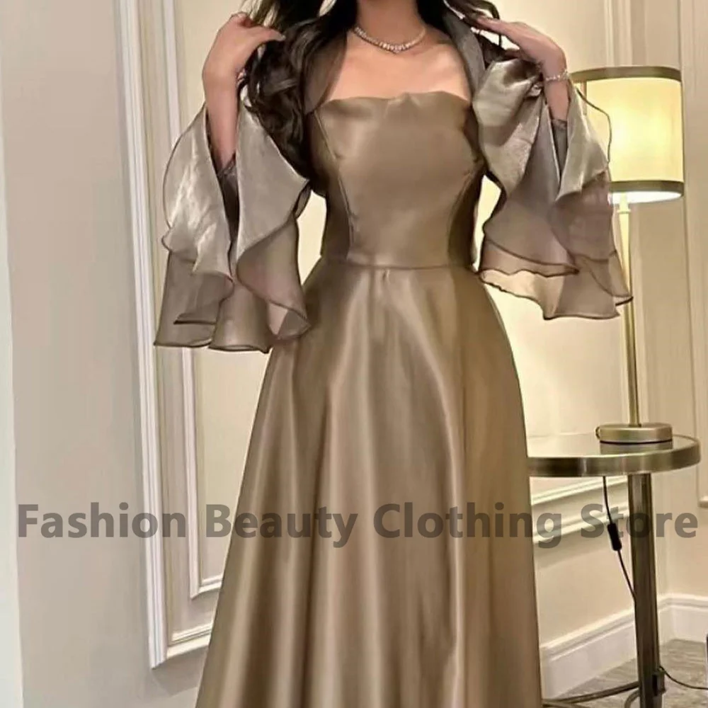 Evening Dress A-Line Satin Ruffle Flare Long Sleeve Draped Backless Dubai Back Zipper Ankle Length Saudi Arabia Women Party Gown