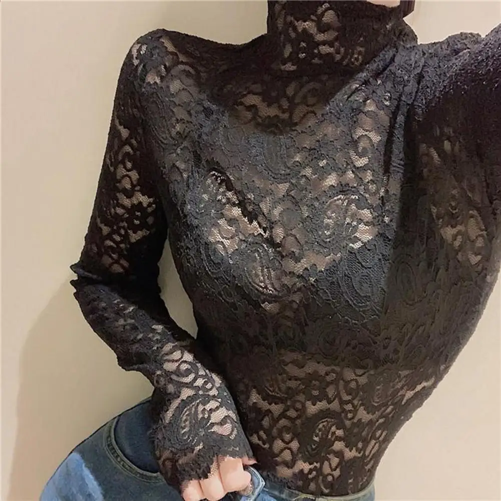 

Pullover Blouse Perspective Bottoming Top Elegant Female Slim Floral Lace Top