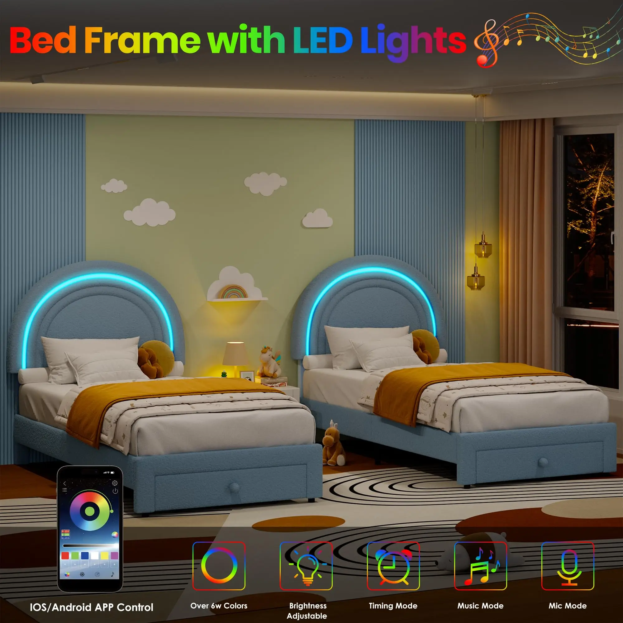 Rainbow Headboard LED Twin Bed Frame for Kids – Upholstered, Storage Drawer, Soft Berber Fleece, Sturdy Wood Slats, No Box Spring Needed, Princess Platform – Beige