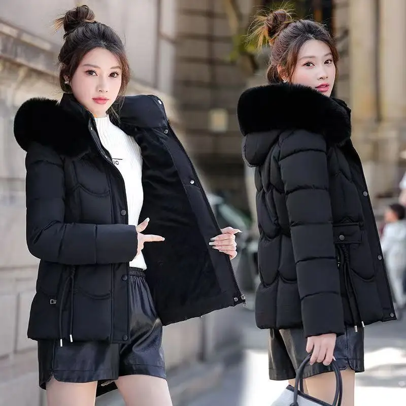 

New Warm Cold-resistant Cotton Padded Jacket Winter Korean Slim Women's Parkas Fur Collar Hooded Pockets Drawtring Short Coats