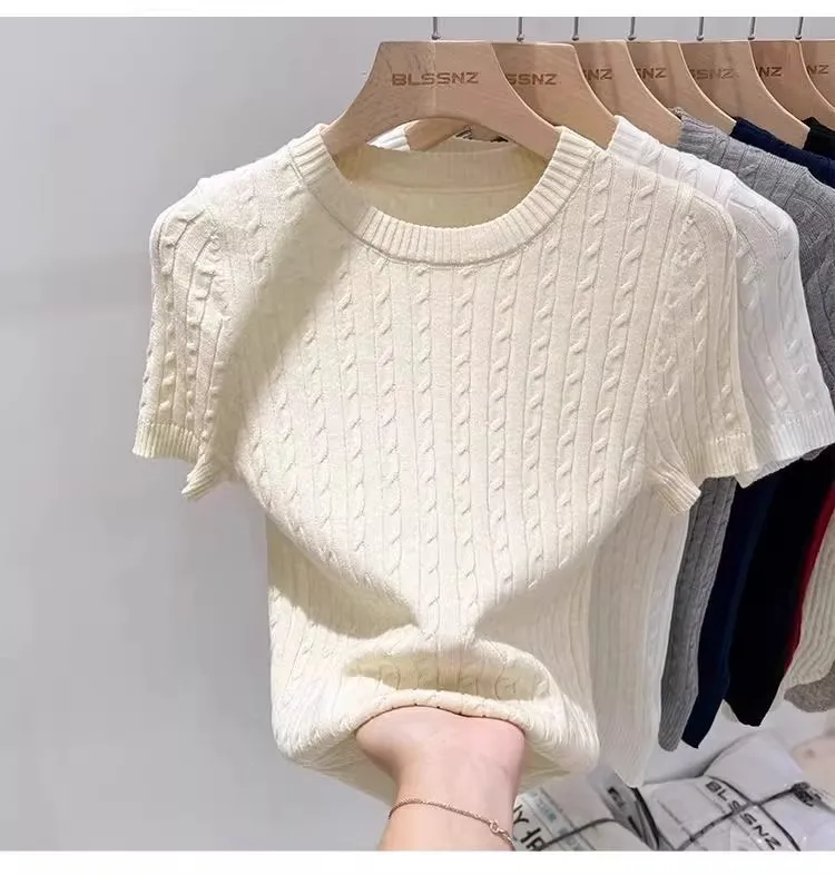 Zjaiss 2026 Summer Korean Retro Elegant Texture Short Sleeve O-Neck Twist Knit Top Women Soft Casual Versatile Thin T-shirt