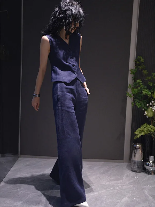 Conjunto de Lino Moderno en Azul Oscuro para el Verano, Pantalones Anchos y Chaleco, Conjunto de Dos Piezas, Diseño Elegante y Femenino