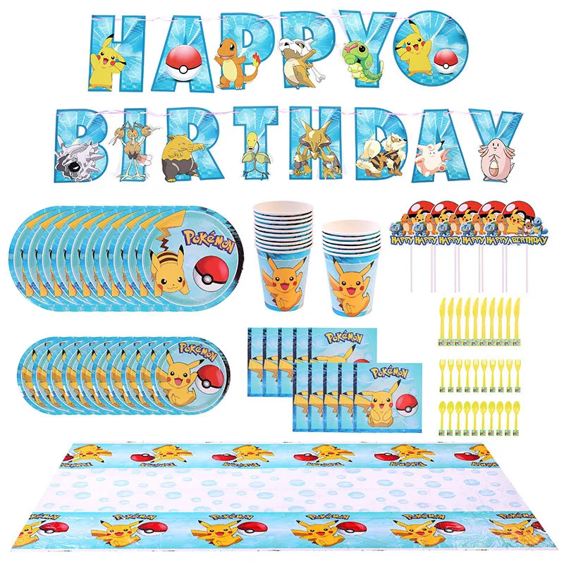 Pokémon Birthday Party Decoration, Pikachu, Relâmpago, Novo Conjunto de Balão, Suprimentos para Eventos, Descartável, Talheres, Banner, Máscara,