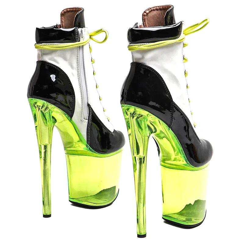 Leecabe 20CM/8 pollici Vernice PU Tomaia in bianco e nero Tendenza moda sexy trasparente Stivaletti con plateau con tacco alto Stivale da pole dance