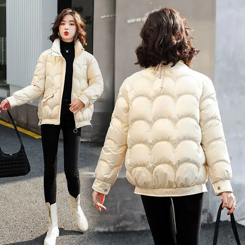 Short Shiny Jackets 2022 New Winter Women\'s Parka Stand Collar Long Sleeve Zipper Solid Thick Loose Casual Down Cotton Coats Top
