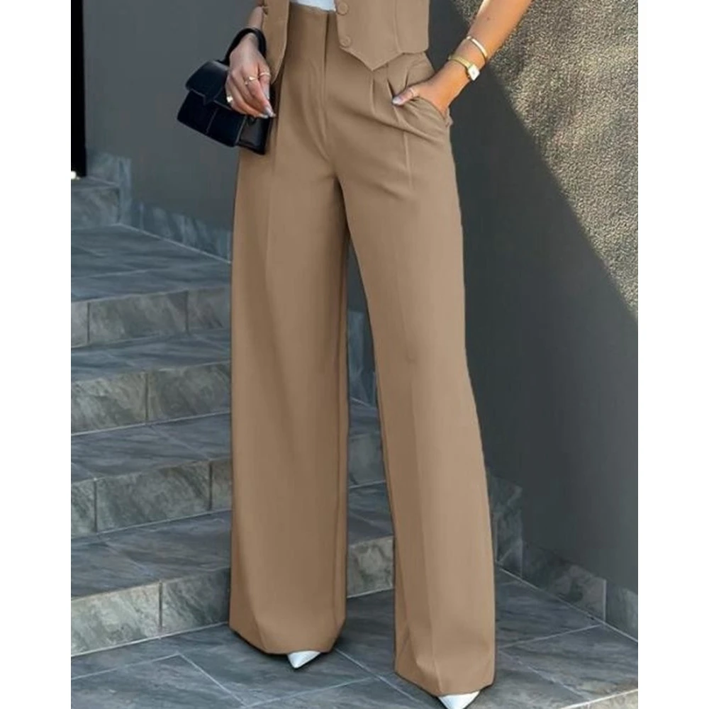 Ensembles Femme Buttoned V-Neck Waistcoat Top & Wide Leg Pants Sets Business Attire for Women Summer 2 Pieces Pants Set Workwear