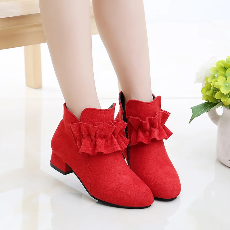 Fashion Kids Shoes Girls Princess Boots Draped Solid Autumn Winter Suede Low Heels Short Ankle Children Boots for Big Girl 27-37