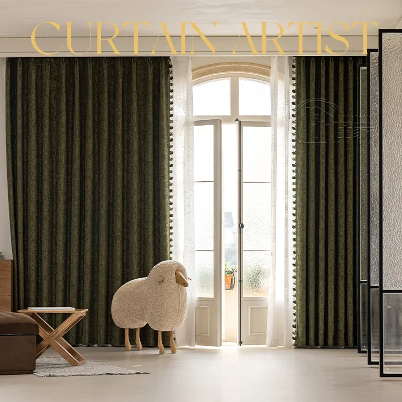 

American Retro Green Blackout Curtains Jacquard Curtains for Living Room Bedroom French Chenille Jacquard 2025 New Window Screen
