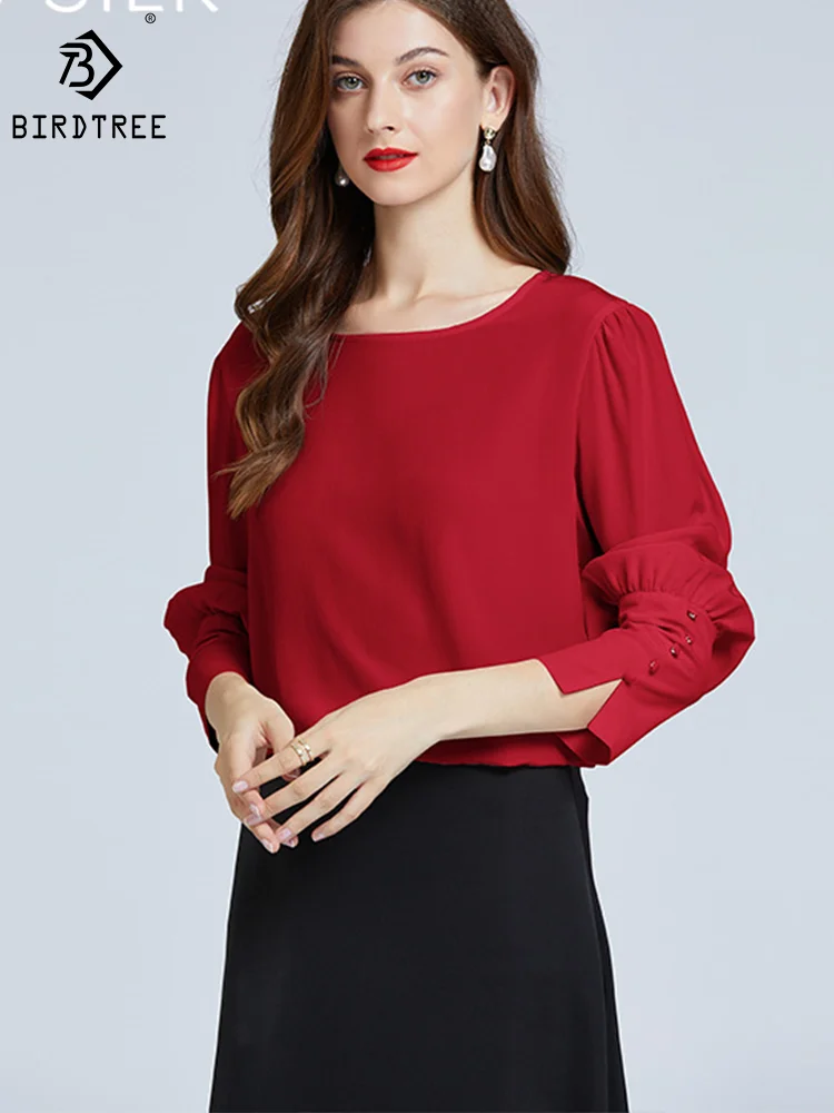 

Birdtree 18MM 100%Mulberry Silk Elegant Shirt O-neck Long Sleeve Solid Designed Chic Blouses Office Lady Autumn New Top T3N331QM