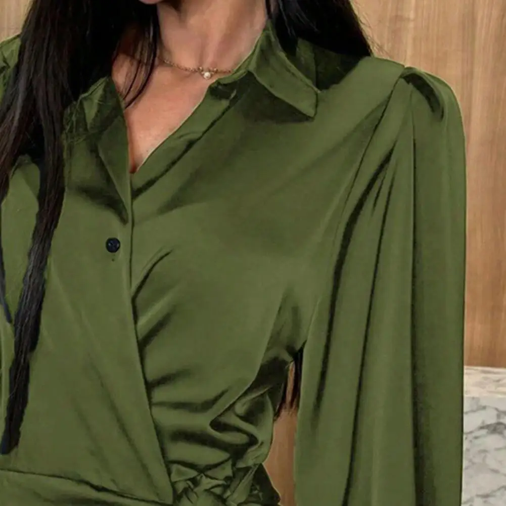 Vestido camisero de satén para mujer, vestido envolvente de manga larga con cuello en V, minivestido informal con lazo en la cintura, Falda corta para fiesta y club