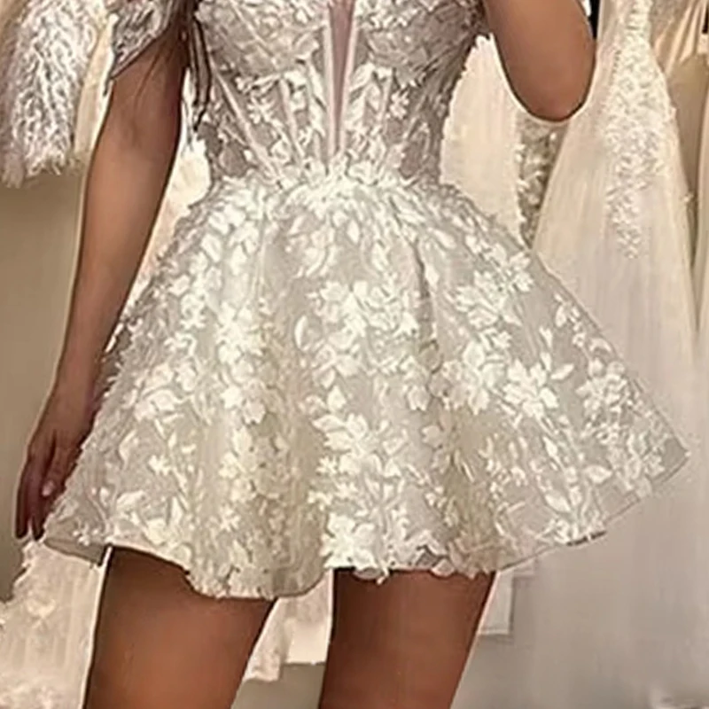 Robe de mariée courte scintillante, épaules dénudées, avec des Appliques en dentelle, en Tulle, ligne a, robe de bal personnalisée