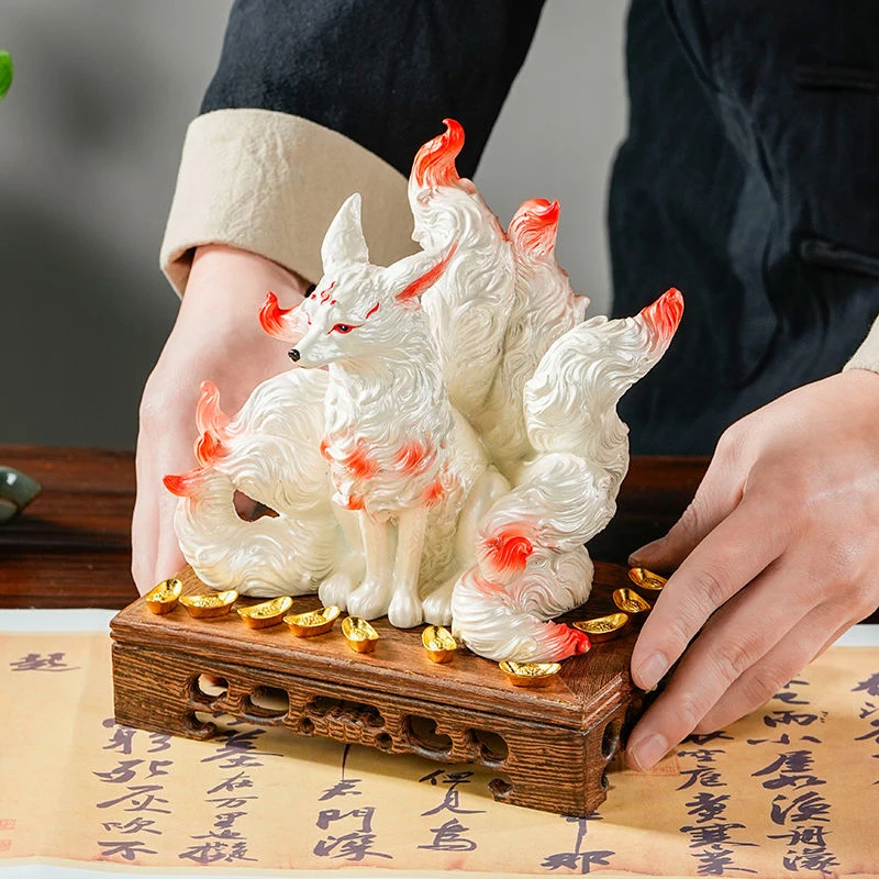 Nine-tailed Fox Ornament Resin Animal Statue Lucky Fox Figurine Crafts Office Desk Decoration Home Accessories Birthday Gift