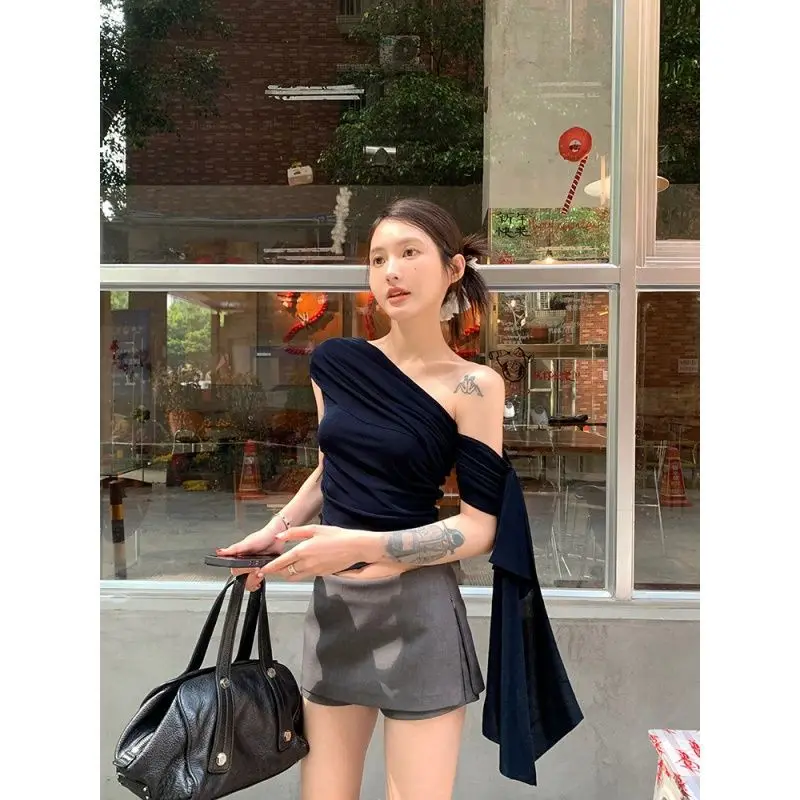 Black Sexy Sleeveless One Shoulder Waist Lace Up Irregular Tops Women's Summer New Slim Thin Sexy Spicy T-shirt Summer Casual