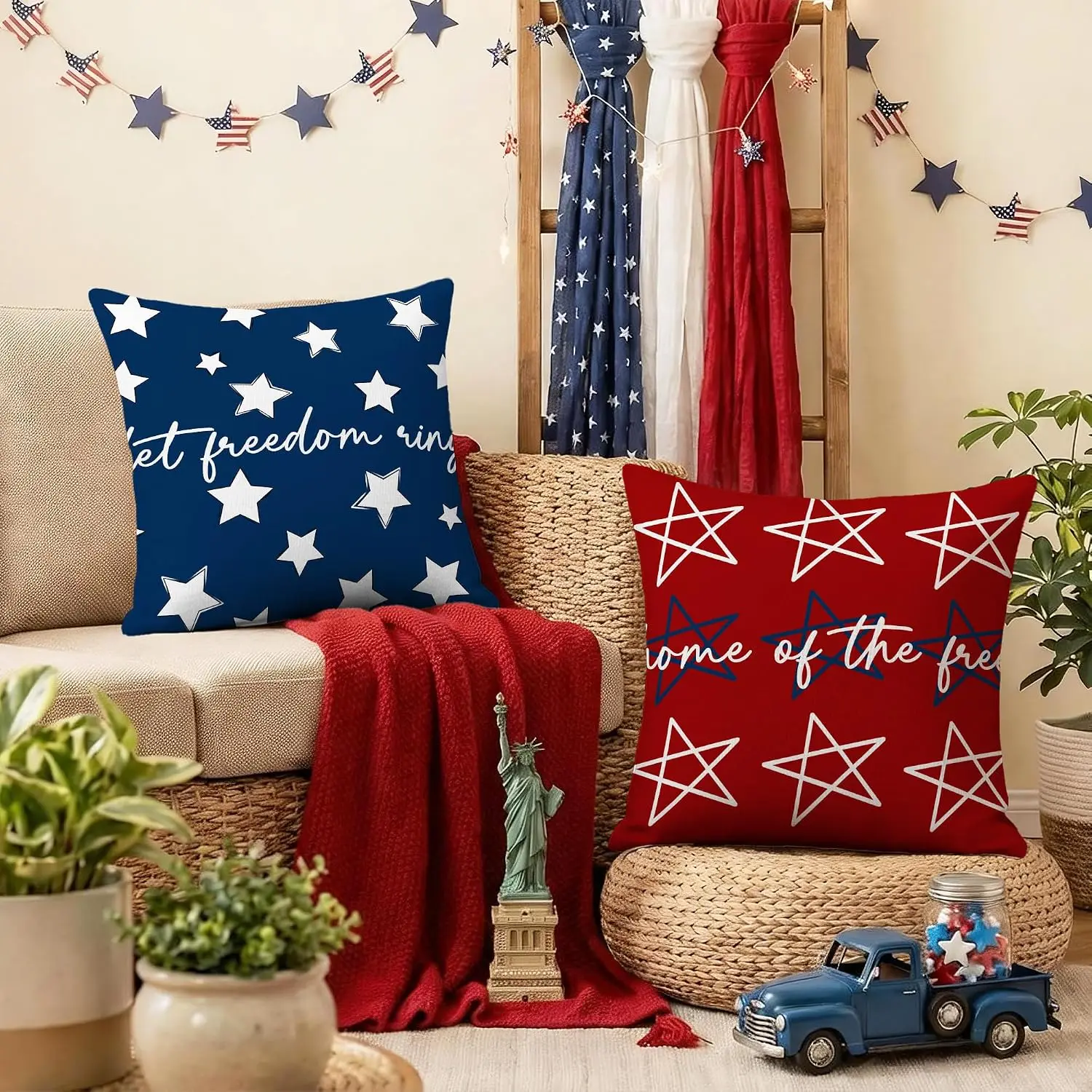 4PC American Flag Pillow Covers Set USA Patriotic Throw Cushions Decor for Home Living Room Bedroom Wall Art Trendy Accent
