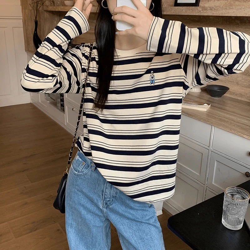 

Pure Cotton Long Sve T-irt Women's New Base irt Spring Autumn Embroidered Bear Top Comfortable Breathable Casual Wear