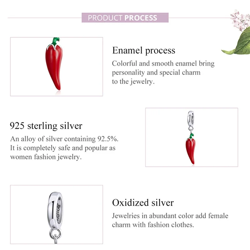 WOSTU 100% Real 925 Sterling Silver Hot Pepper Chilli Charm Pendant Fit Original Bracelets Women Fashion DIY Jewelry Gift Making