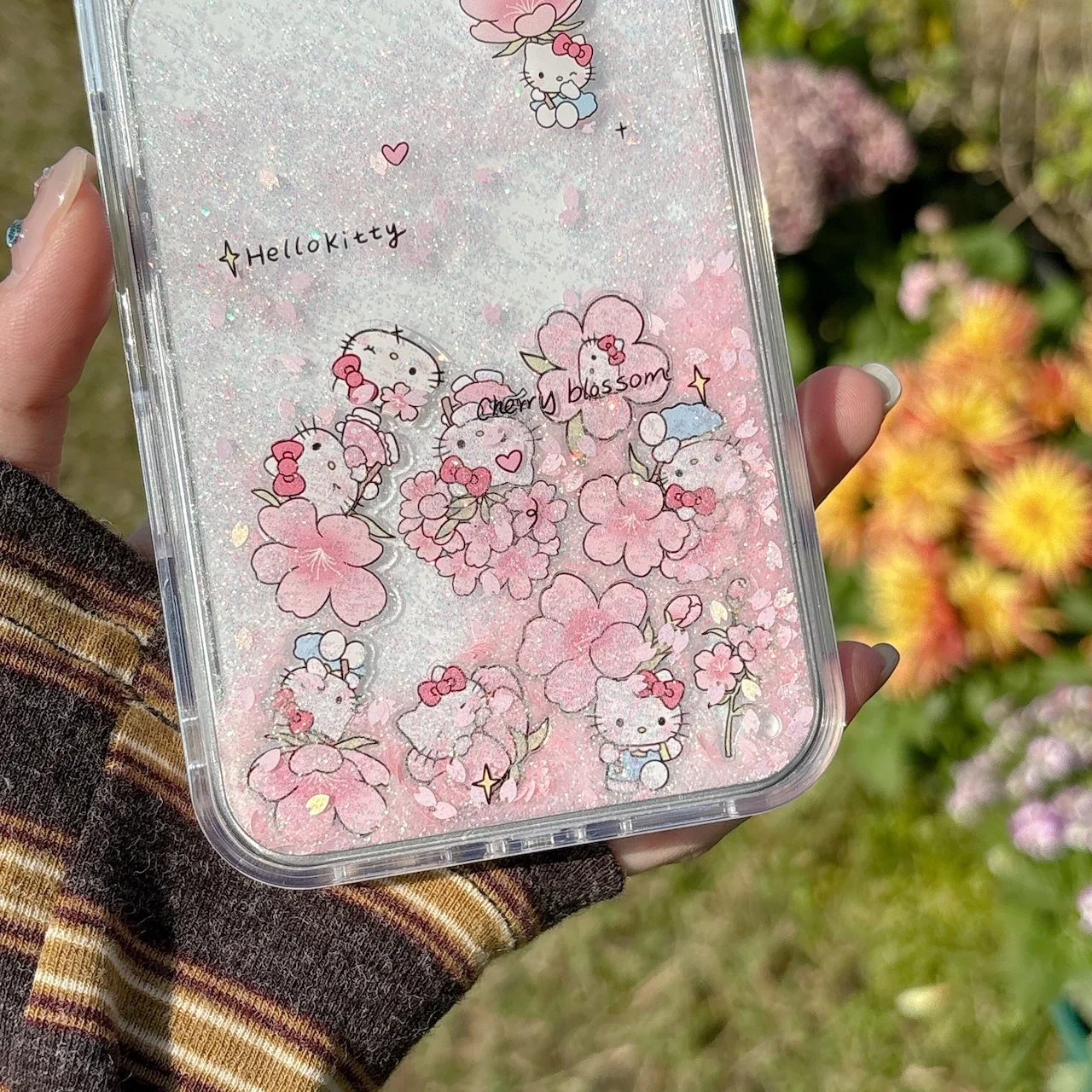 Sweet Pink Cherry Blossom For Hello Kitty Quicksand Case For iPhone 17/16/15/14/13/12/11 Pro Max Bling Anti-Drop Clear Cover view 4