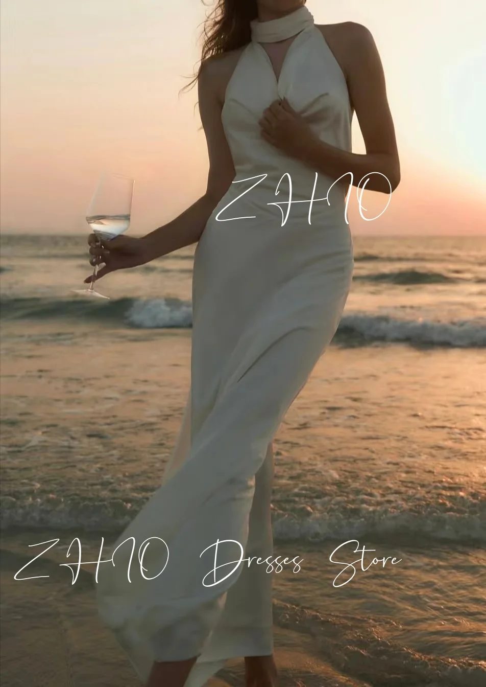ZHIO elegante vestido de noche con espalda descubierta y perlas Halter sin mangas satén marfil ocasión especial fiesta de cumpleaños vestido de playa personalizado