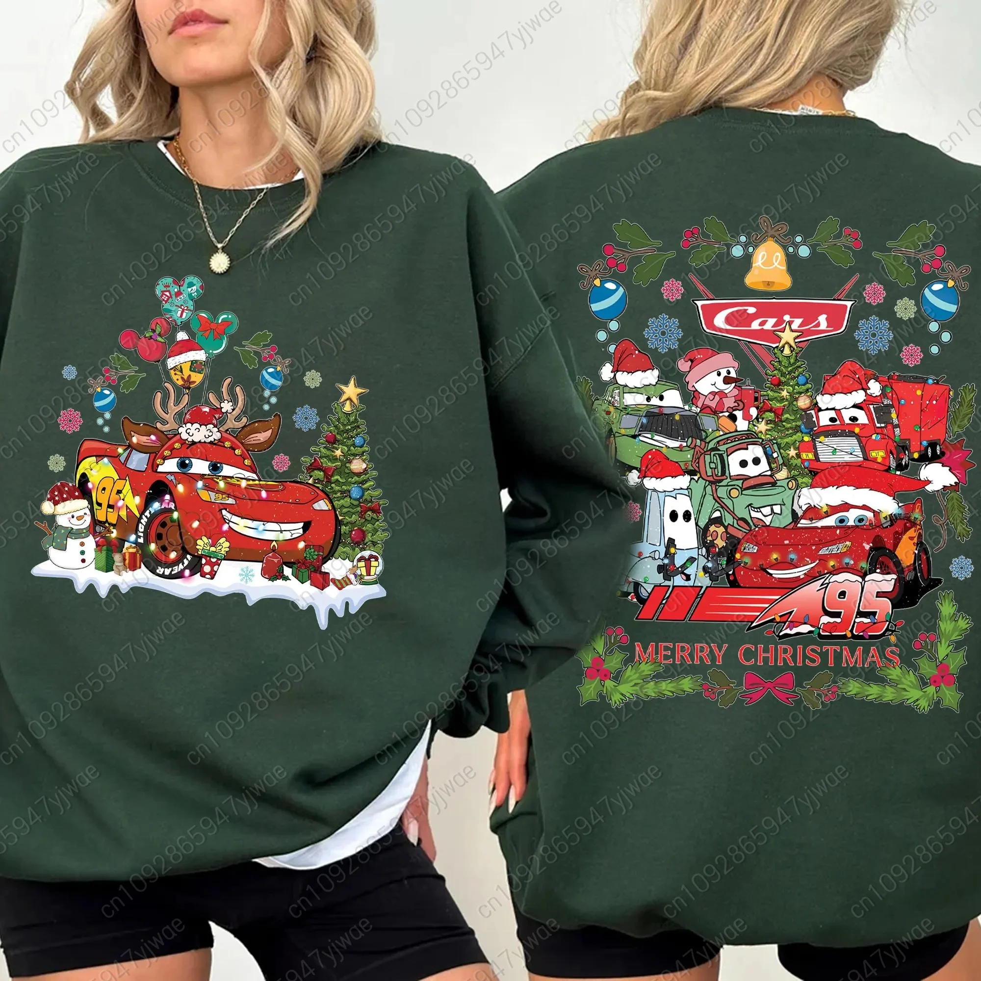 2025 المرأة الجرافيك عيد الميلاد سيارة البرق ماكوين طباعة هوديس Harajuku المرأة الجولة الرقبة البلوز هوديي الإناث هوديس #2